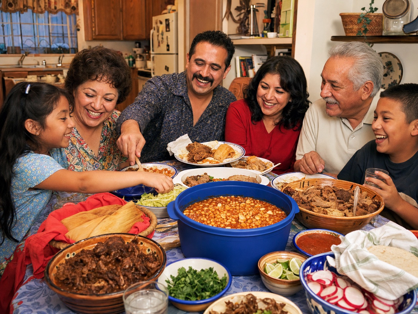 A family sharing a meal around an OllaWare container